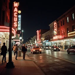 color street view in america of market district at night, from 1 9 6 8, on film