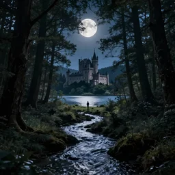 moonlit forest, river running through it, lake in the distance, castle in center, solitary figure standing in middle, octane render
