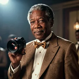 a film still of Morgan Freeman dressed as a Pimp in a 1970s Blaxploitation film, 40mm lens, shallow depth of field, split lighting, cinematic