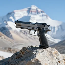 an futuristic pistol is sitting on the peak of mount everest, clear focus, bokeh effect, high res, hasselblad, dslr