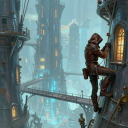 landscape painting of fantasy metal steampunk city that has a light blue glow with walkways and lit windows with a hooded thief in brown leather climbing a building using a rope, fine details, magali villeneuve, artgerm, rutkowski
