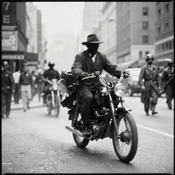 old black and white photo, 1 9 1 3, depicting a ghost rider rampaging through the bustling streets of new york city, historical record