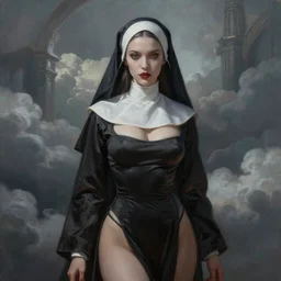 Ultra realistic and ultra intricate detailed soft painting of a beautiful slim curvy female demonic nun in revealing religious dress, thin lustrous hair, symmetry features, sensual gloomy style, soft painting, volumetric clouds, fantasy background, artstation, Tom Bagshaw artstyle, unreal render, depth of field