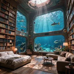 interior architecture of a large underwater room, one wall lined with books, bed, sofa, one large room, very tall ceilings, cozy, huge windows with sea creatures floating by