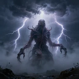 concept art of a slimy cthulhu emerging from a thunder storm, thalassophobia, multiple illuminated lightning strikes!!!, thunder!!!, amazing depth, lovecraftian, by jeremy mann, hr giger, beksinski, highly detailed, ominous, misty, volumetric fog, 8 k