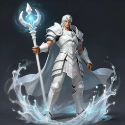 splash art for a league of legends character who is a royal soldier from demacia an alternate roman greek empire, the soldier is wearing white marble armor, the soldier is holding a magic white marble staff that comes from the void and emits a void aura, art by chengwei pan