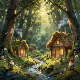sun beams god ray into a forest grove, little gnomes, wooden moss covered houses, birds, flowing streams, cobblestone, windows lit up, thatched roofs, smoke puffing from chimneys, great forest trees, beautiful flowers, magical sunlight, yoshitaka amano, stunning, trending, best ever,