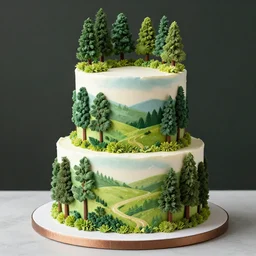 two tier cake, english landscape, forest trees, 3 d, pinterest, cake decorating, cake masters, behance, octane render, hyper realistic, 8 k,