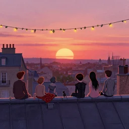 people chilling on the roof, beautiful view, sunset, garland, cat. digital drawing by wes anderson, jean pierre jeunet, tim burton, tomm moore, guido crepax. hyper detailed.
