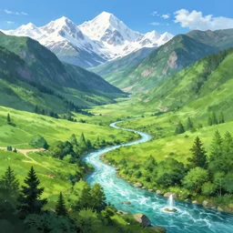 Muiheren Valley, steep hills, large mountains with snowy peaks and vast, green valleys with pristine, crystal clear rivers, anime, lush trees, fountain, a fantasy digital painting by Greg Rutkowski and James Gurney, trending on Artstation, highly detailed