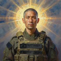 taoist priest in military tacital vest, detailed, painting by craig mullins, james jean, oil painting, radiant light