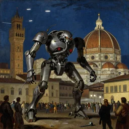 a huge mech attack with missiles people at piazza della signoria in firenze, night, fov, oil paint by william - adolphe bouguereau