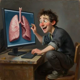 masterpiece painting of a 3d artist happy, crouched and enthusiastic looking at the a computer screen with 3d anatomical model of a lung, oil on canvas, renaissance