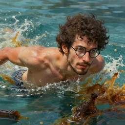 swimming man with curly hair and round glasses and a goatee swimming in toxic waste, model, hdr, 2 4 mp, fantasy, high detail, elegant, digital painting, natural light, vibrant, intricate, textured skin, highly detailed, artstation, sharp, focus, illustration, anna dittmann, ilya kuvshinov, nikolay makovsky