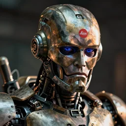 night lowlight backlit hd detailed cinematic photo 35mm Leica Zeiss Robocop tired angry made of retro machine parts Closeup portrait