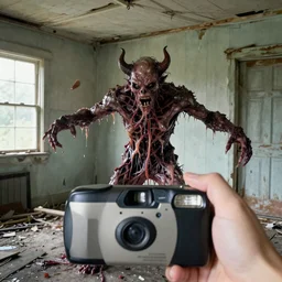a 1 9 9 0 s era disposable camera photograph with camera flash of a male demonic creature made of slimy oozy meat and veins inside an abandoned house attacking the pov