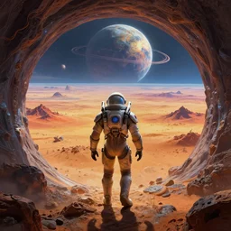 Spacesuit alien Protoss stepping through Portal immense vivid landscape simon stalenhag jakub intricate vast wild unroamed desert with uranium planet orb floating above Jakub rozalski