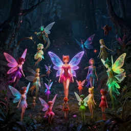 a lot of fairies, different sizes, colorful, neon, dark, particles, by Ross Tran, Basil Gogos,  Laurie Lipton, Zdzisław Beksiński, Junji Ito, Laurie Lipton,  and Michael Whelan, distant, gustav dore, H.R. Giger, 8k, hd, 4k, hyper, realistic, octane render