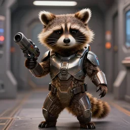 film still of furry rocket the raccoon standing in the hallway of a space ship from guardians of the galaxy, wearing mass effect armor, holding a rocket launcher, soft volumetric lighting, cinematic, ridley scott, closeup portrait, confident action pose, octane