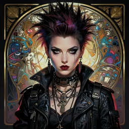 beautiful female punk, portrait, cyberpunk, symmetry, detailed, darksynth, intricate, dynamic lighting, digital art, digital painting, artstation, wlop, sharp focus, illustration, art by artgerm and greg rutkowski and alphonse mucha, 8 k