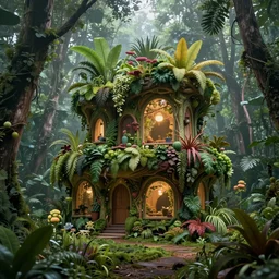 beautiful organic house made of imaginary plants in a forest, architectural render, futuresynth, chillwave, by Gabriel Dawe, by Skottie Young, by Jessica Rossier, vegetal architecture, by moebius, by Isaac Cordal, night, mist, lights, junglepunk, blender, trending on artstation