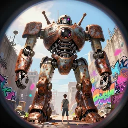 memorable animation key shot, fish eye lens, intricate, standing under the rusty robot schwerer gustav!!!!, backlit, graffiti battle, spray paint, red paint, ambient occlusion, studio ghibli, pixar, disney concept art watercolor illustration by craig mullins, dean cornwell, nc wyeth, satoshi kon!