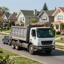 a single dump truck towing a car behind it on a populated suburban street with beautiful homes in the background, 4 k, trending on artstation, award - winning, art by greg rutkowski and james gurney