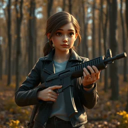 disney - like young adult woman in a leather jacket in a maple forest holding an ak 4 7, disney, pixar movie still, high detail, natural light, ray tracing, trending on artstation, 4 k, ultra hd, blu ray