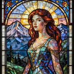 A stain glass picture of a mountain that looks like a woman