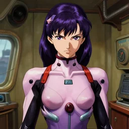 intense demeanor. close portrait. ship interior bg. screenshot of a scene in metroid zero of motoko kusanagi painted by norman rockwell. character designed by hideaki anno. bodysuit. purple hair. digital. lighting by james gurney. trending on artstation. masterpiece. artgerm mucha rutkowski.