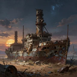 a beautiful detailed painting of shipwreck architecture unfinished building building urbex industrial architecture city by albert bierstadt, crystal meadow otherworldly wilderness assassin's creed myst at night desert elysian reclaimed by nature at dusk nightsky at dawn tron solar wind sunlight sunset, archdaily, wallpaper, highly detailed, trending on artstation.