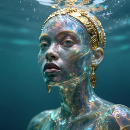 hyperrealistic futurist full body very expressive! translucent african goddess, cinematic underwater scene, gold jewerly, highly detailed face, digital art masterpiece, smooth eric zener cam de leon, dramatic pearlescent turquoise light on one side, low angle uhd 8 k, shallow depth of field