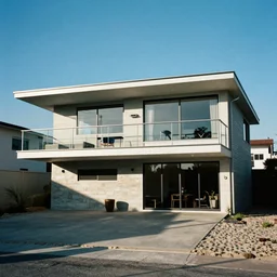 architecture ad for a mid-century modern house on the beach, designed by Miles van der rohe. Film grain, cinematic, colorized, blue hue