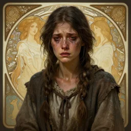 Epic portrait A homeless female, sad, tearing up, dirty clothes, dirty face, digital painting, artstation, concept art, soft light, hdri, smooth, sharp focus, illustration, fantasy, intricate, elegant, highly detailed, D&D, matte painting, in the style of Greg Rutkowski and Alphonse Mucha and artemisia, 8k, highly detailed, jurgens, rutkowski, bouguereau, pastoral, rustic, georgic