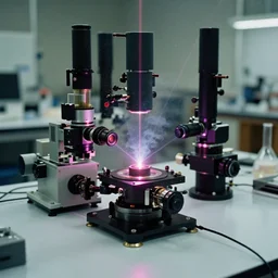 high tech optical instruments mounted on a large table, extremely detailed, laser beams diffracted through smoke, few colors, scientific laboratory experiments, photoreal, new equipment, analog nikon photo, dust particles in the air, blurred background
