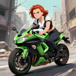 angry scarlett johansson riding a kawasaki ninja motorbike through a post apocalyptic city street, wide angle lens baki anime style, dramatic lighting, afro samurai anime style, apocalyptic cityscape in the background, by david finch, vogue cover, pencil and ink, full moon, black and white