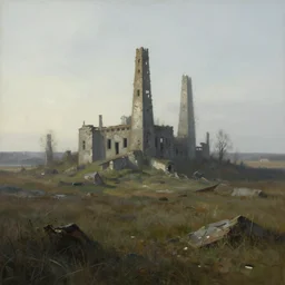abandoned civilisation at morning, landscape painted by simon stalenhag