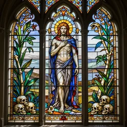 detailed realistic memento mori stained glass window by cameron gray and louis comfort tiffany, gothic ornament, skulls, bones, art nouveau, neogothic, ornate art nouveau botanicals, horizontal symmetry, hyperdetailed photorealistic ultrasharp octane render