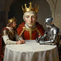 matte painting of king arthur and lancelot sitting at the round table, edward robert hughes, detailed face