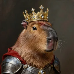 detailed photorealistic painting of a capybara wearing a highly detailed ornamented gold crown with diamonds, in a medieval knight armor with red cape , sharp focus in the style of ruan jia, Mandy jurgens, cinematic light, concept art, trending on artstation, ultra realistic