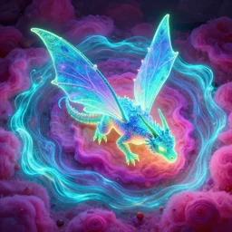florescent dragon with butterfly wings on a candy cotton biome, glow wave, overhead view, neon, by pixar, luminescent, digital art, trending on artstation, behance, deviantart, unreal engine 5, octane i, smooth, fantasy art, intricate detailed