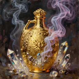 golden flask, colored smoke, crystals, greg rutkowski, john singer sargent, oil painting, intricate