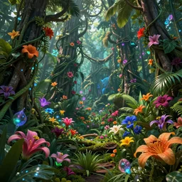 a tropical rainforest of flowers and vines, futurism, high fantasy, magical elements, vibrant colors, lush landscape, sharp details, high res eautiful lighting, digital art, octane rendered, studio light, glowing lights, holographic undertones, epic fantasy, extremely detailed, establishing shot, realistic materials, hyperrealistic, high delicate defined details, 8 k