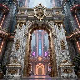 ancient fantasy marble gate, neonpunk, mega structure, symmetric, intricate details, insanely detailed, insanely realistic, back lighting, 4 k, cinematic