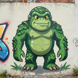 Jungle golem, photorealistic, Graffiti on the wall, cartoon style