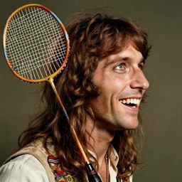 half - body portrait of hippie with badminton racket masterpiece happiness by jim burns doyle, tim detailed ultrarealistic side view 1 9 6 0 s expressive eyes dynamic cinematic dramatic