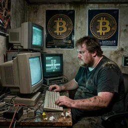 typical cryptocurrency nerd, sitting in front of old 9 0's computer, bitcoin posters on walls, shilling, crt tubes, cables everywhere, damp basement decay fat and dirty, scruffy looking, claustrophobia, humidity mold, award - winning photomanipulation