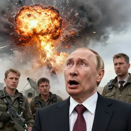 vladimir putin realistic, details, freaked out, with open mouth scared, looking up to sky, air strike explosion nearby, by donato giancola and greg rutkowski and wayne barlow and zdzisław beksinski, what airdefense doing, digital art