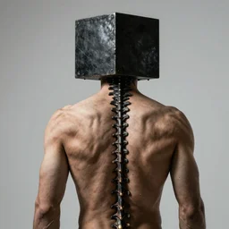 muscular male back, black metal square cube covering head, hyper realistic, sharp focus, detailed, symbolist, gothic, exposed spinal cord