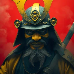 old samurai, cyberpunk, vibrant yellow colors, surreal, french baroque style by alexander mcqueen, hyper detailed, realistic cinematic, voigtlander photography portrait, black and white, painting, fog, red background